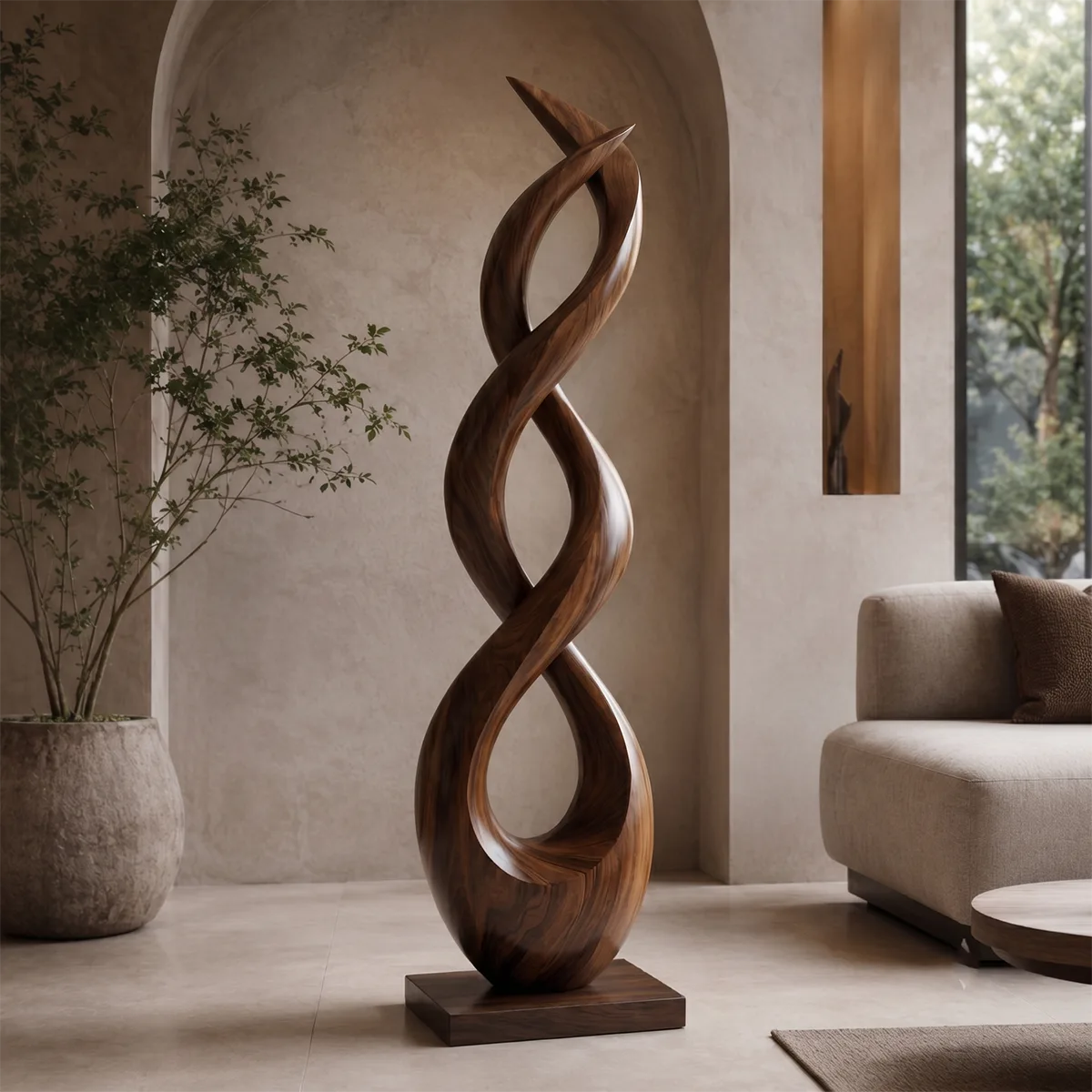 Handcrafted Solid Wood Double Helix Sculpture – Modern Organic Floor Art for Living Room TT006-9620