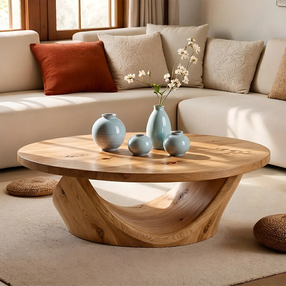 Round Coffee Table, Sculptural Wood Coffee Table, Organic Modern Living Room Center Table TT006-4209