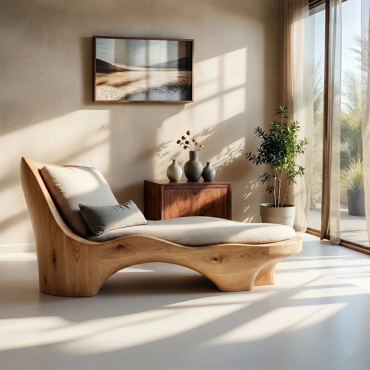 Luxury Organic Modern Solid Wood Chaise Lounge with Sculptural Form