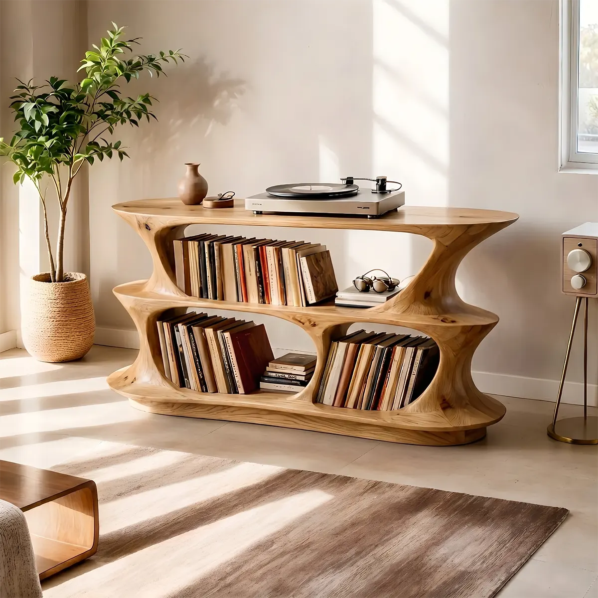 Solid Wood Record Player Stand, Modern Curved Turntable with Vinyl Storage Shelves