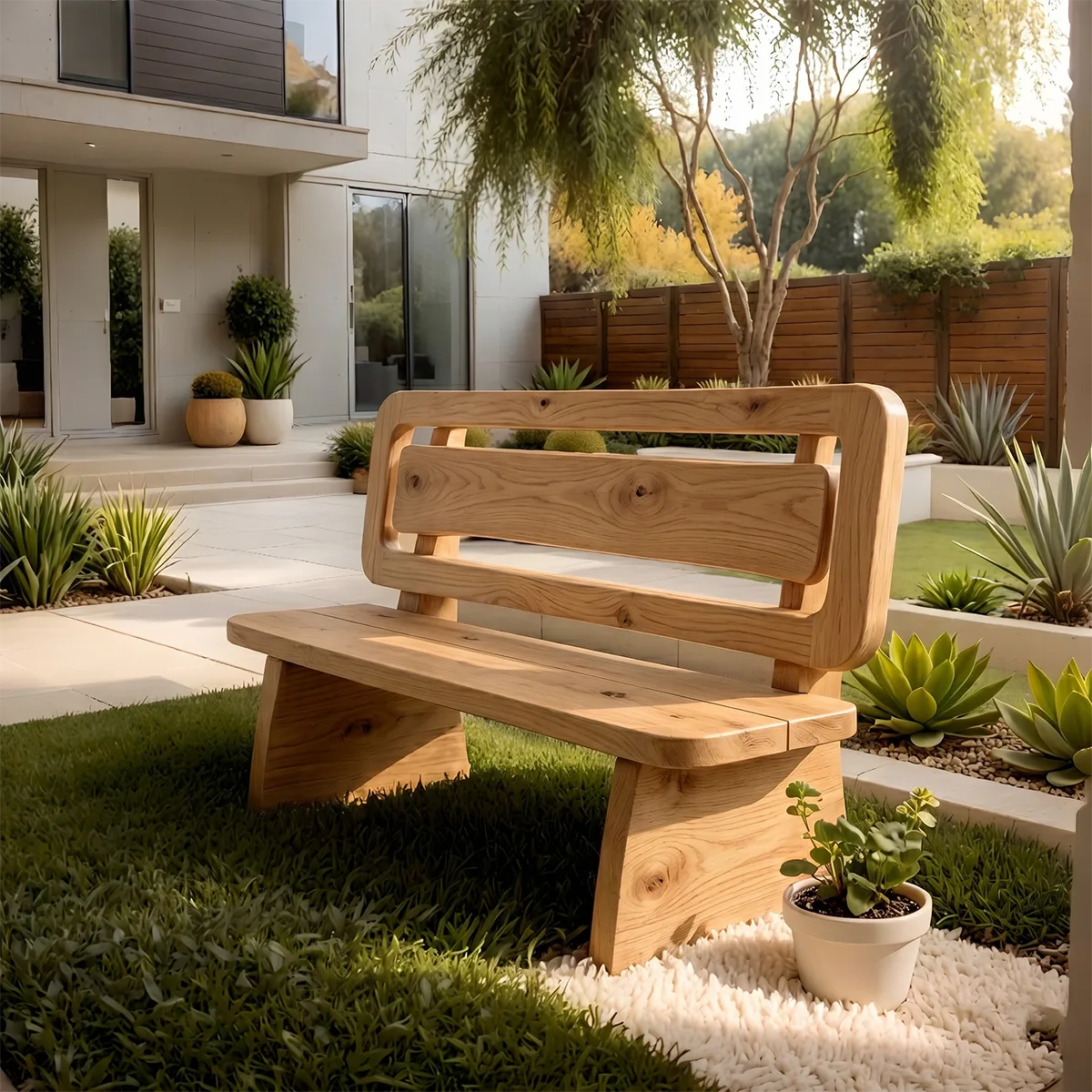 Handcrafted Solid Wood Outdoor Bench Modern Geometric Backrest Garden Bench