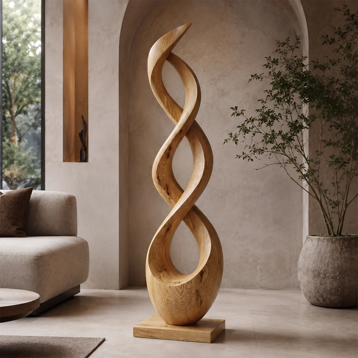 Handcrafted Solid Wood Double Helix Sculpture – Modern Organic Floor Art for Living Room TT006-9620