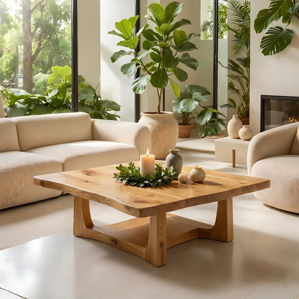 Solid Wood Square Live Edge Coffee Table with Sculptural Geometric Base