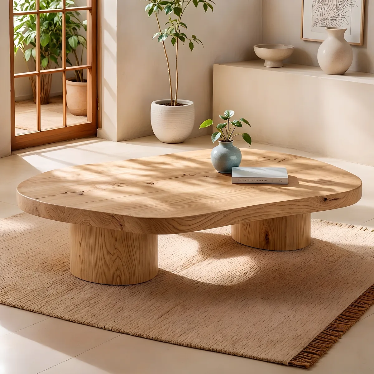Organic Solid Wood Coffee Table | Modern Freeform Hardwood Coffee Table with Dual Pedestal Base TT006-7752