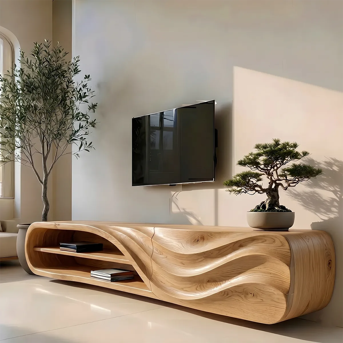Modern Solid Wood Sculptural Wavy TV Stand with Open Shelving