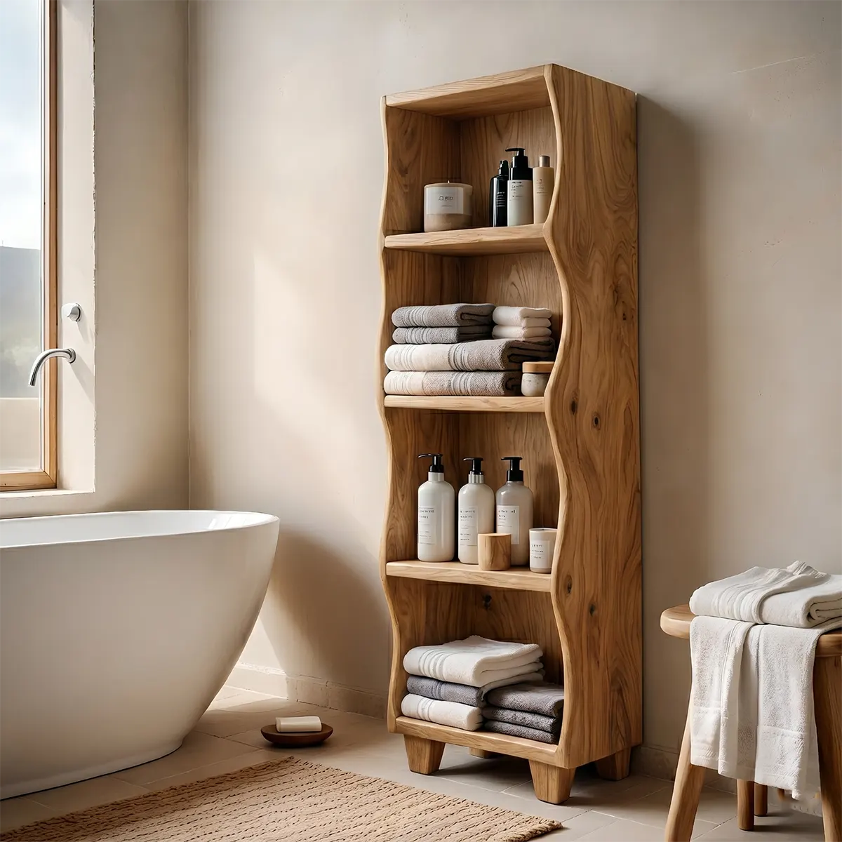 Handcrafted Solid Wood Open Shelf Storage Cabinet