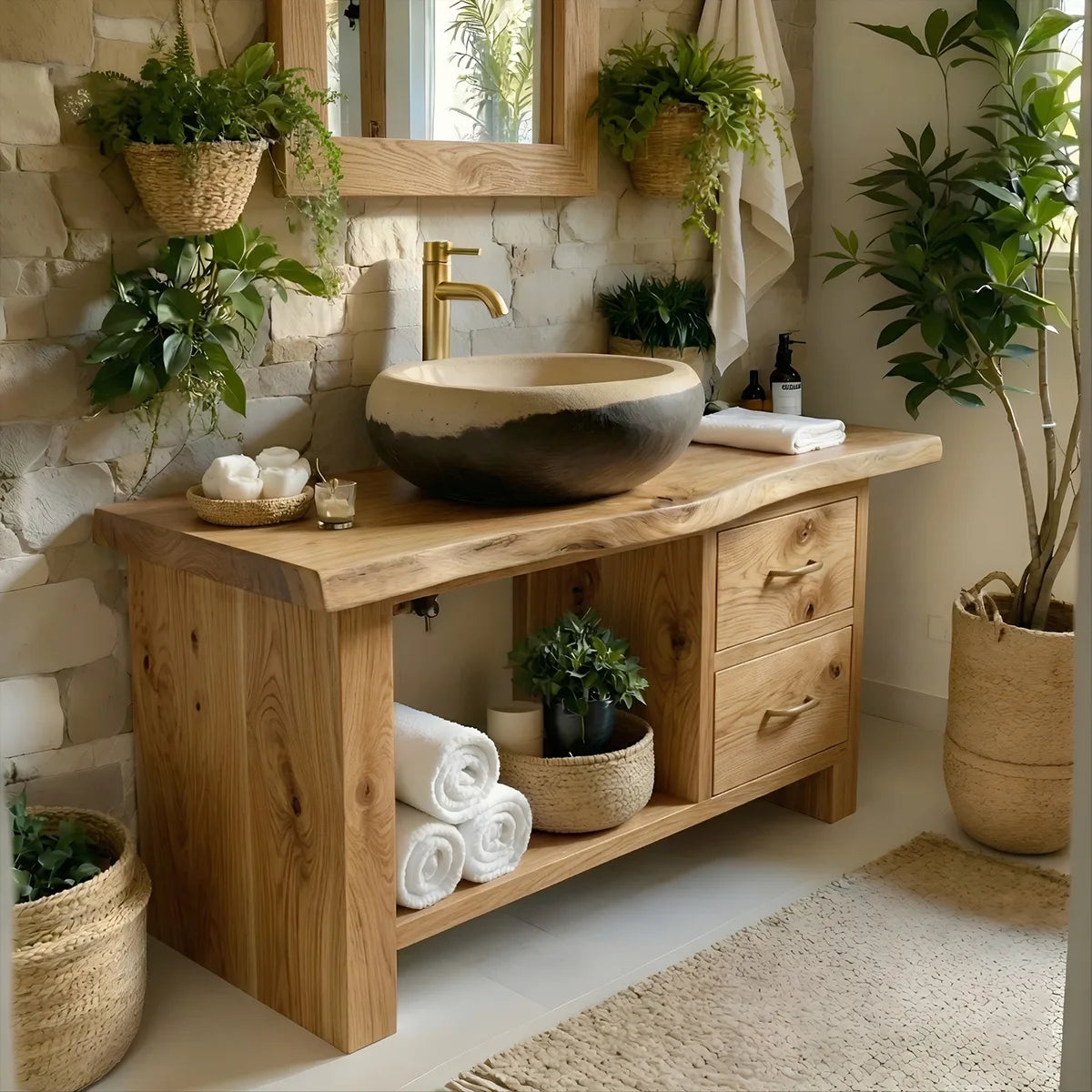Solid Wood Bathroom Vanity with Open Shelf, 2 Drawers