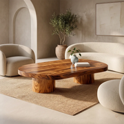 Organic Solid Wood Coffee Table | Modern Freeform Hardwood Coffee Table with Dual Pedestal Base TT006-7752