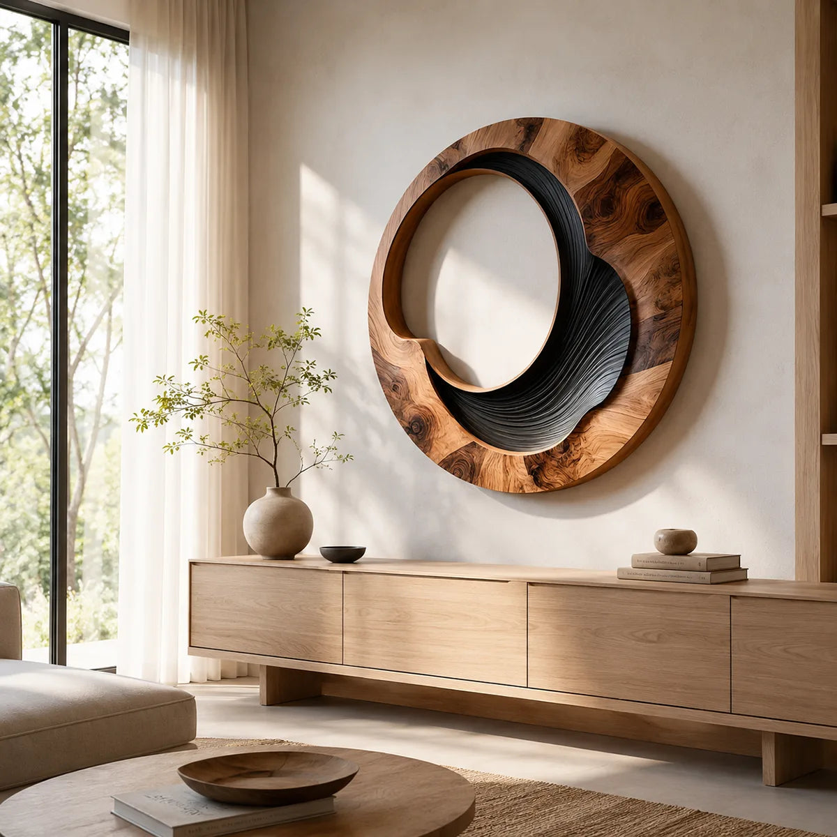 Abstract Circular Wave Wood Wall Art | Large Round Modern Wooden Wall Sculpture TT006-9034