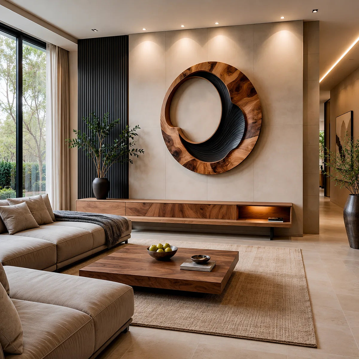 Abstract Circular Wave Wood Wall Art | Large Round Modern Wooden Wall Sculpture TT006-9034