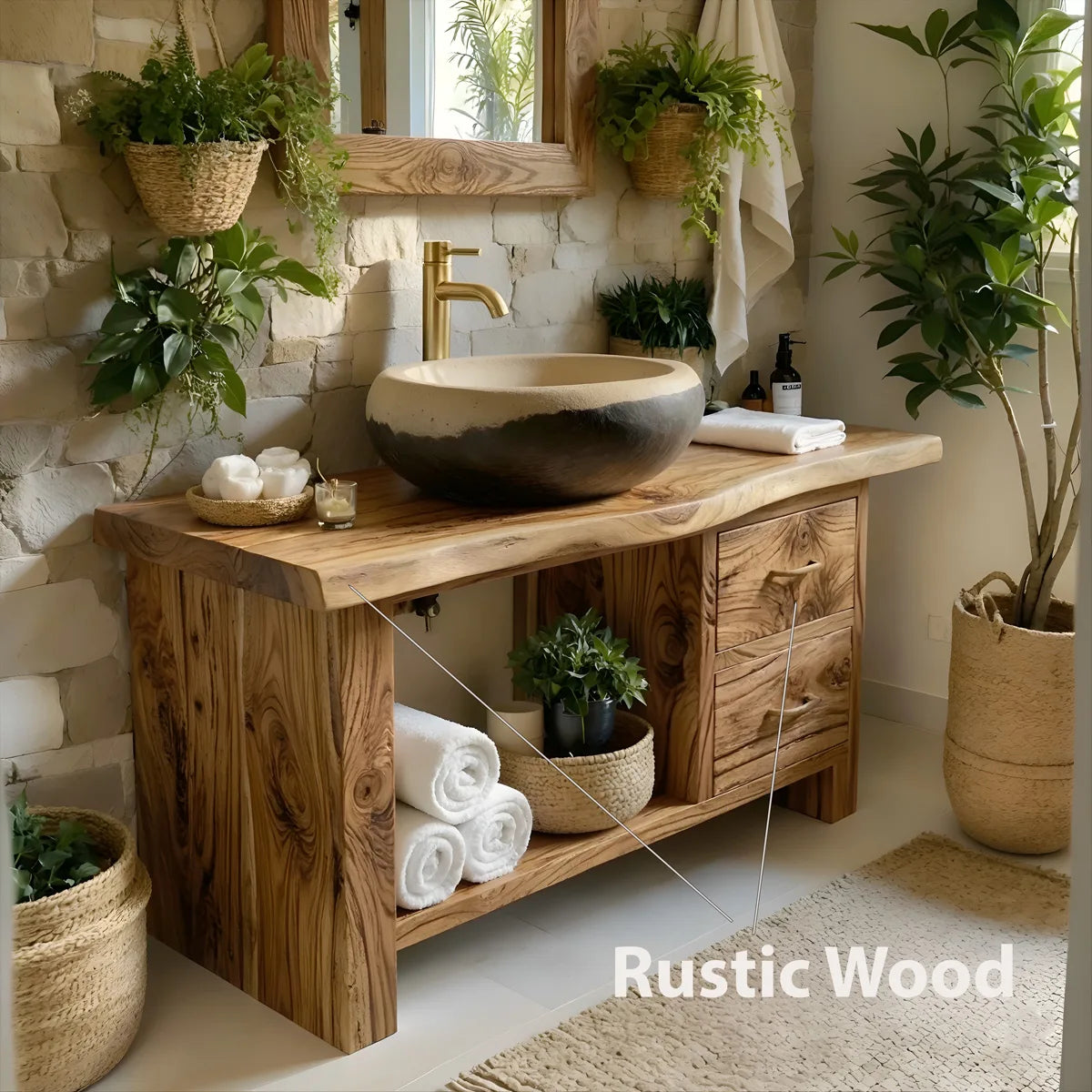 Solid Wood Bathroom Vanity with Open Shelf, 2 Drawers