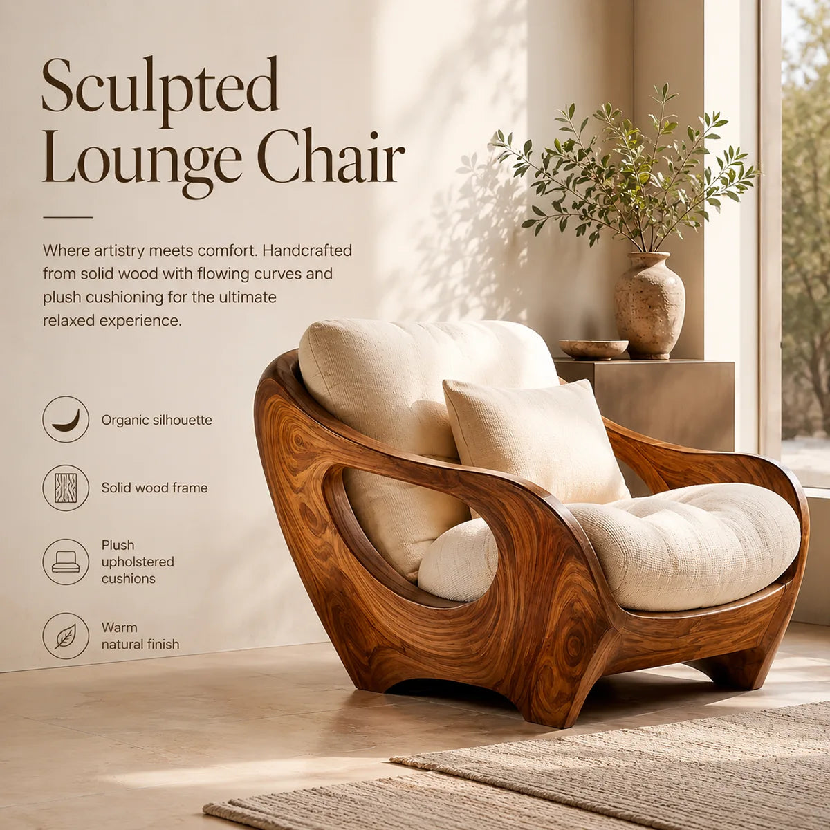 Organic Wood Lounge Chair, Sculptural Accent Chair, Modern Curved Armchair TT006-3308