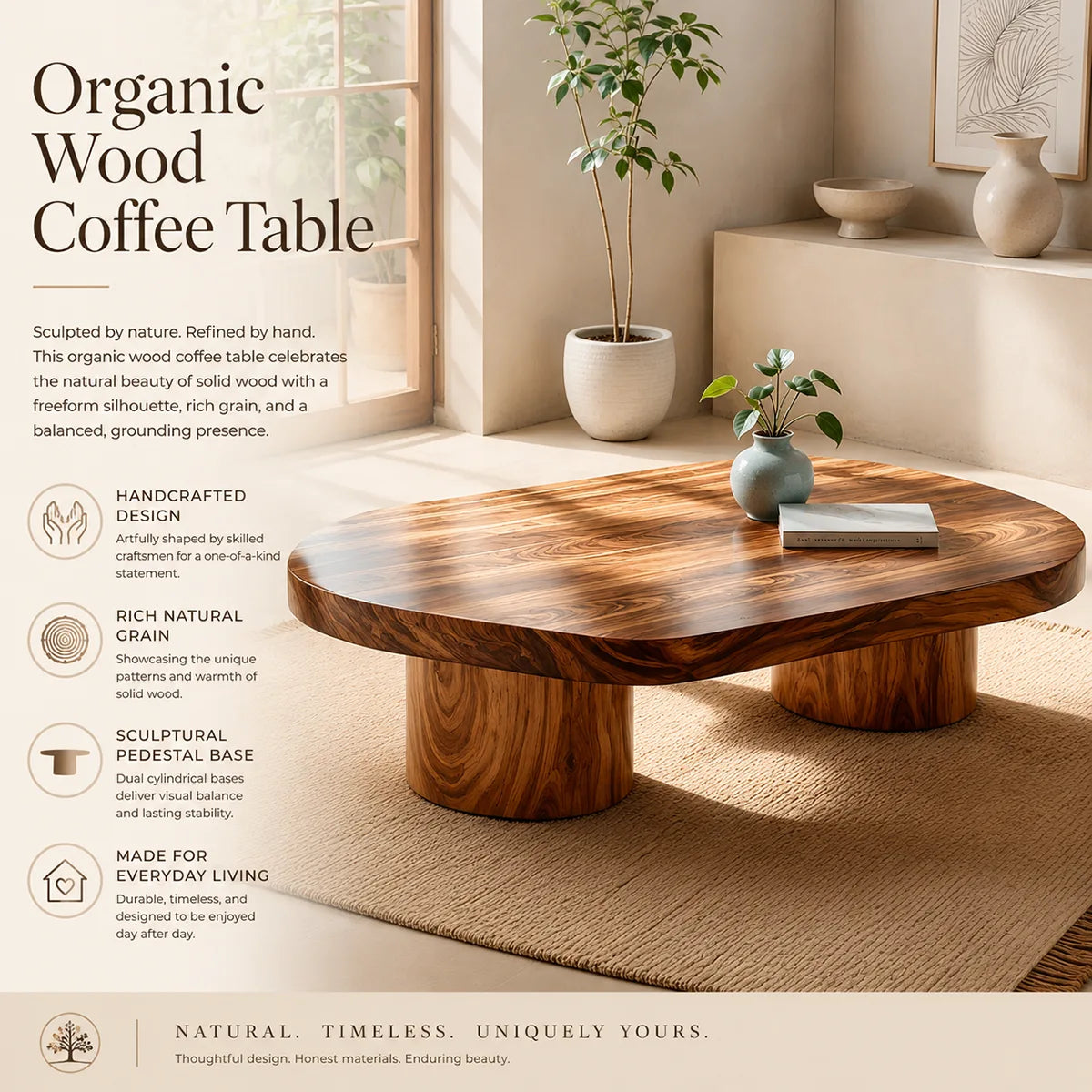 Organic Solid Wood Coffee Table | Modern Freeform Hardwood Coffee Table with Dual Pedestal Base TT006-7752