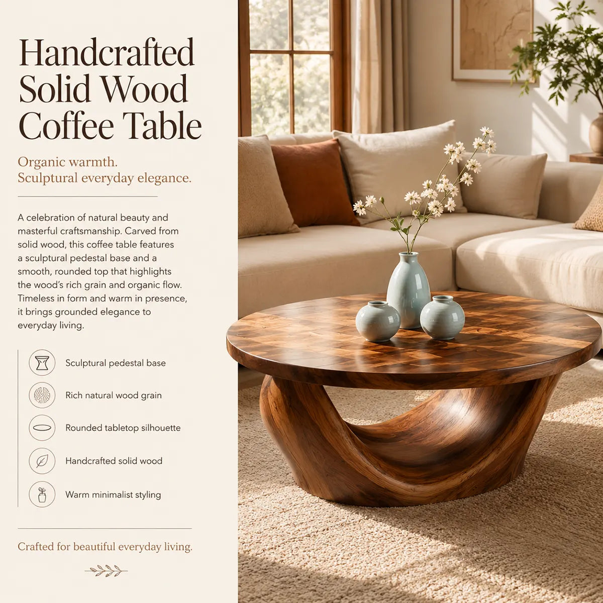 Round Coffee Table, Sculptural Wood Coffee Table, Organic Modern Living Room Center Table TT006-4209