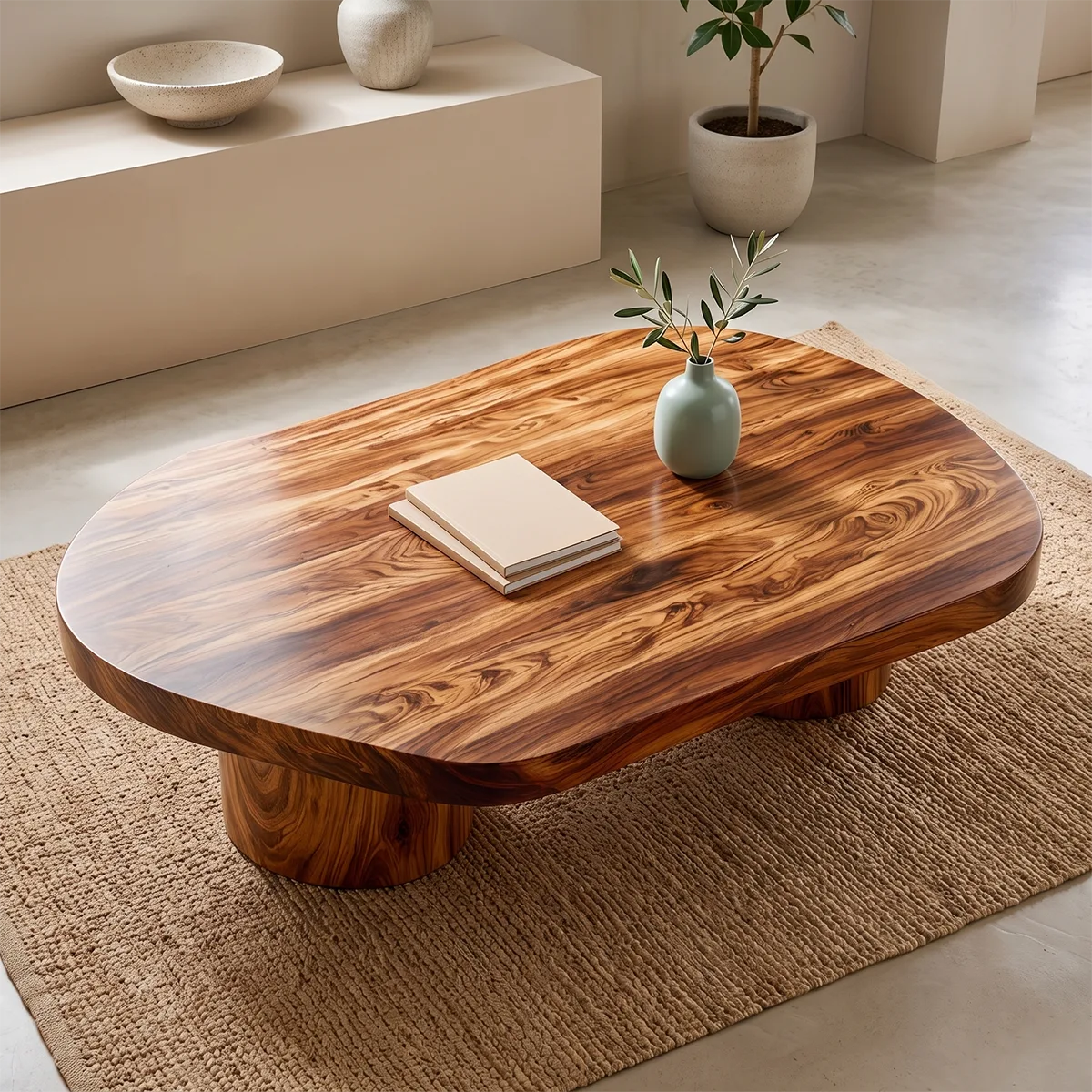 Organic Solid Wood Coffee Table | Modern Freeform Hardwood Coffee Table with Dual Pedestal Base TT006-7752