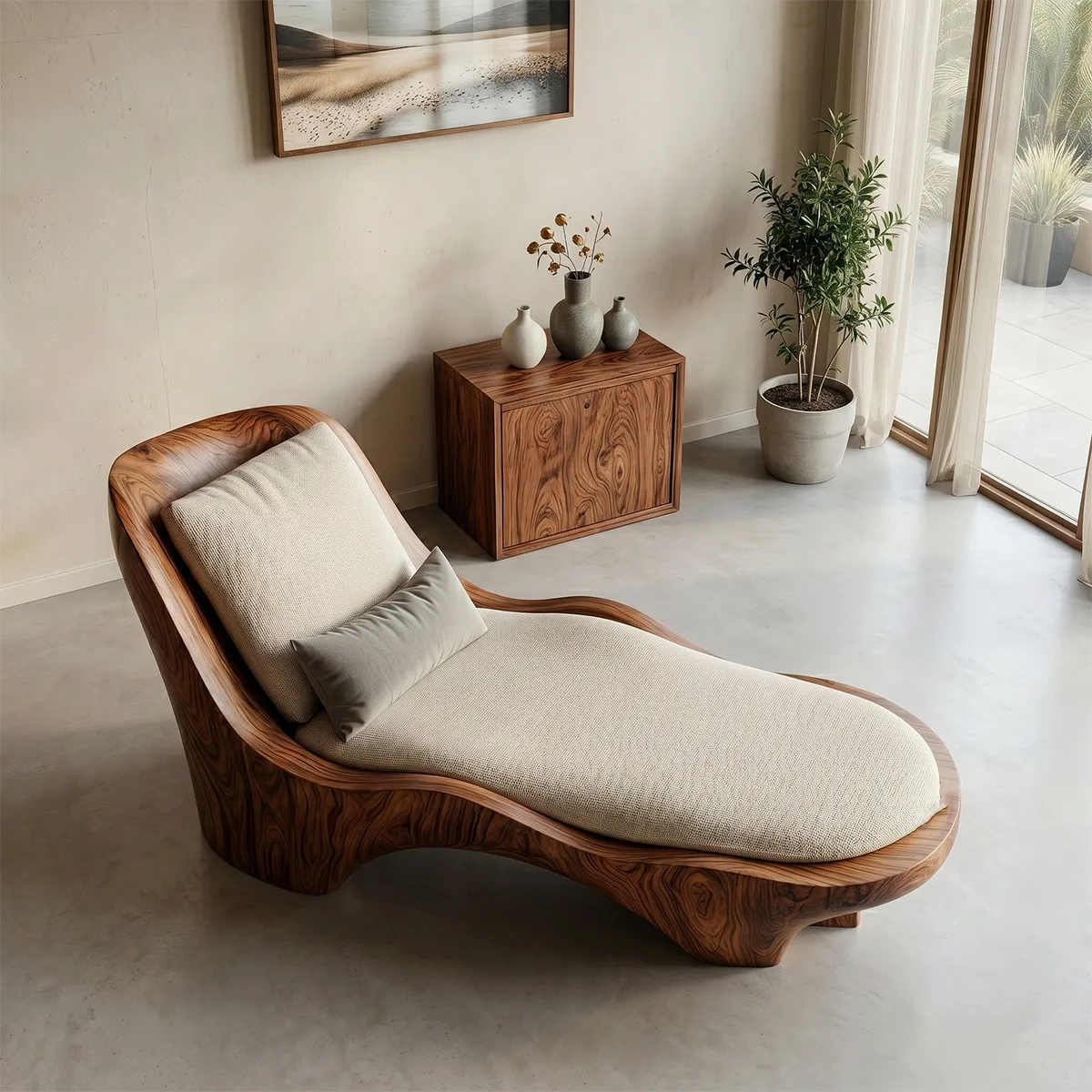 Luxury Organic Modern Solid Wood Chaise Lounge with Sculptural Form