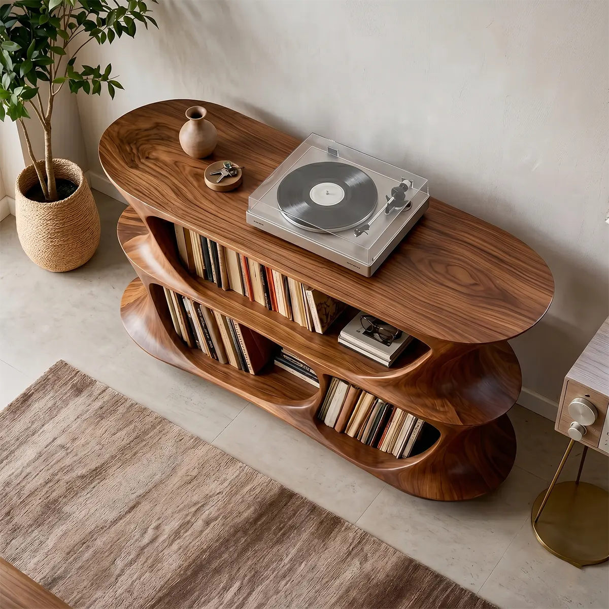 Solid Wood Record Player Stand, Modern Curved Turntable with Vinyl Storage Shelves