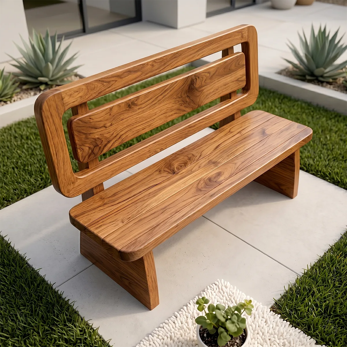 Handcrafted Solid Wood Outdoor Bench Modern Geometric Backrest Garden Bench