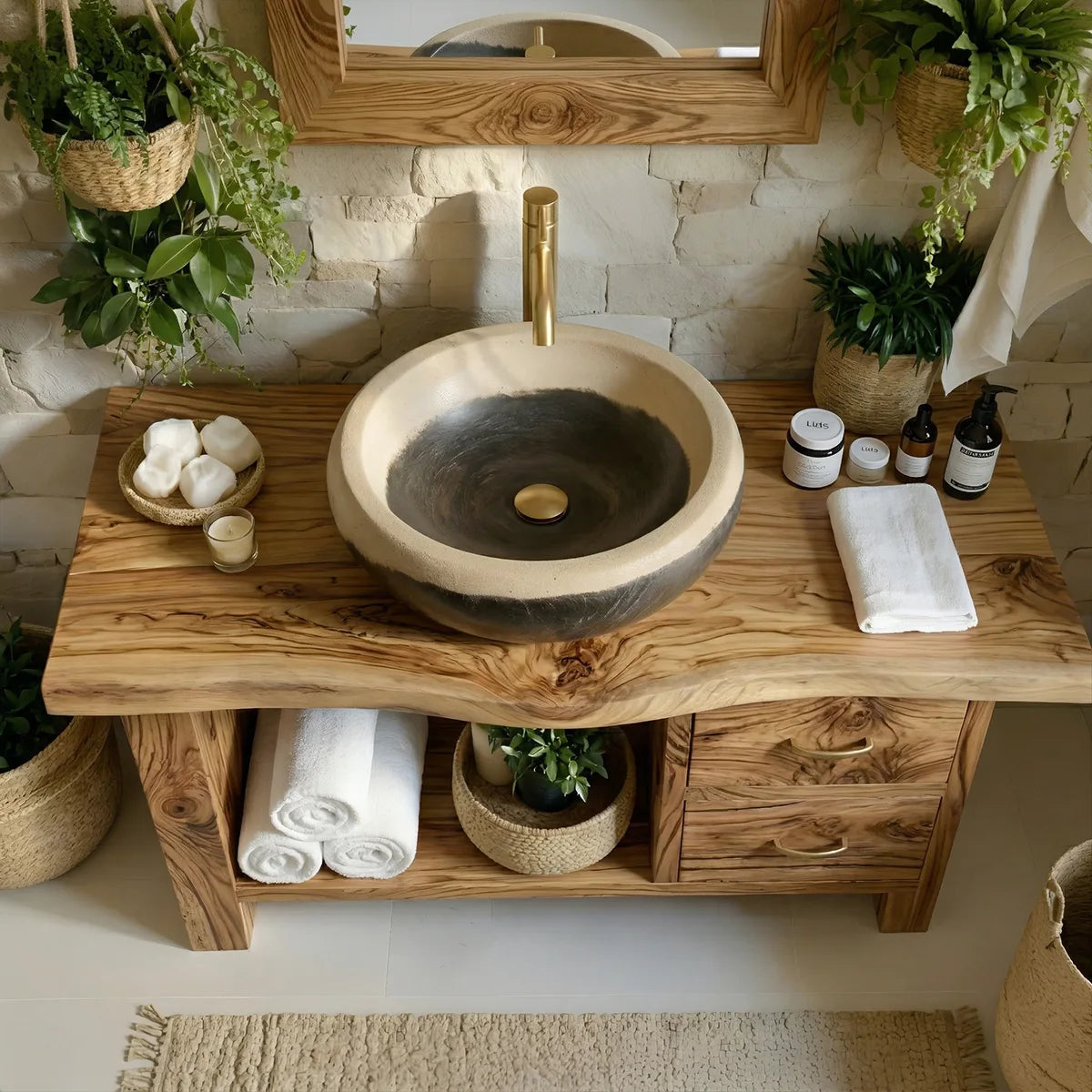 Solid Wood Bathroom Vanity with Open Shelf, 2 Drawers