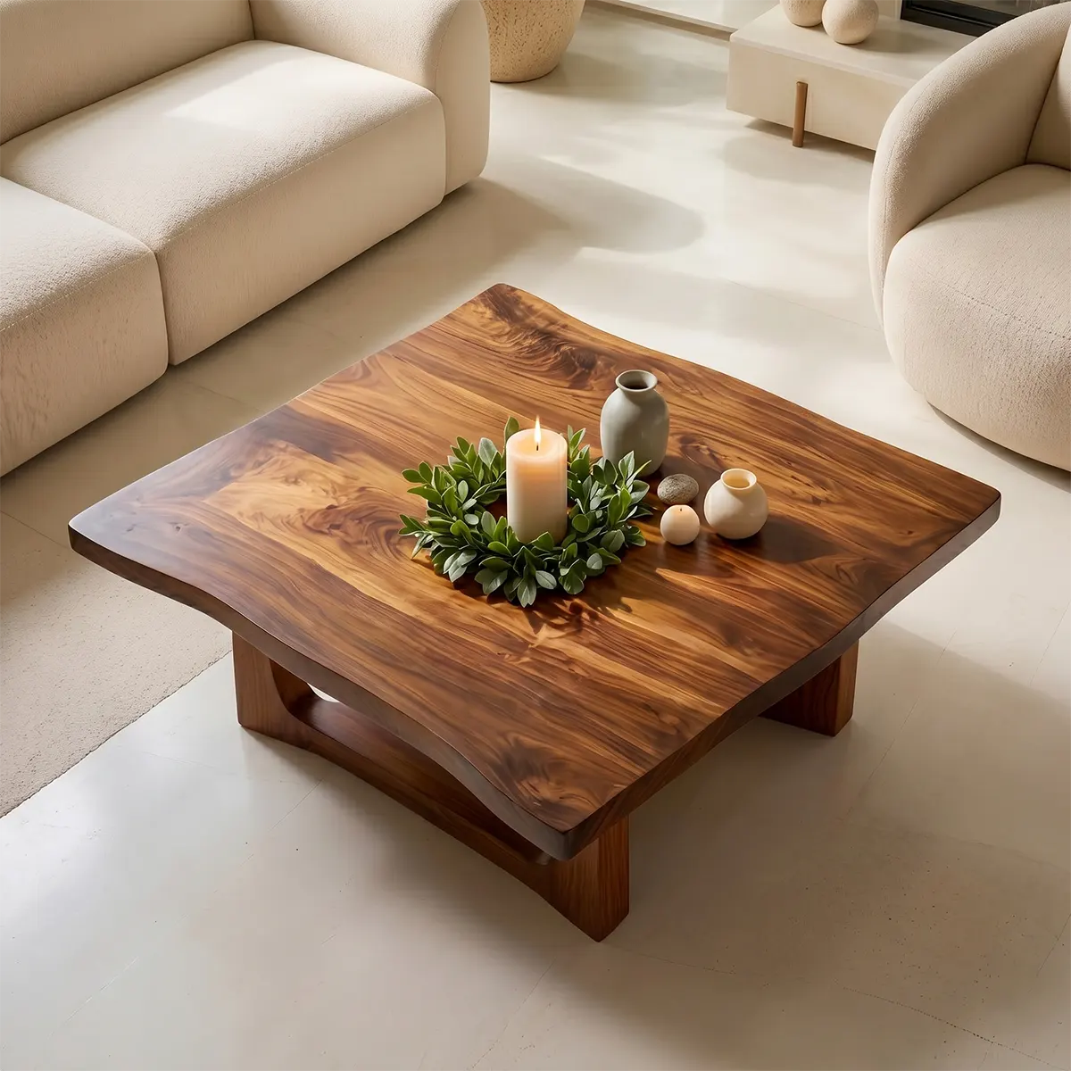 Solid Wood Square Live Edge Coffee Table with Sculptural Geometric Base