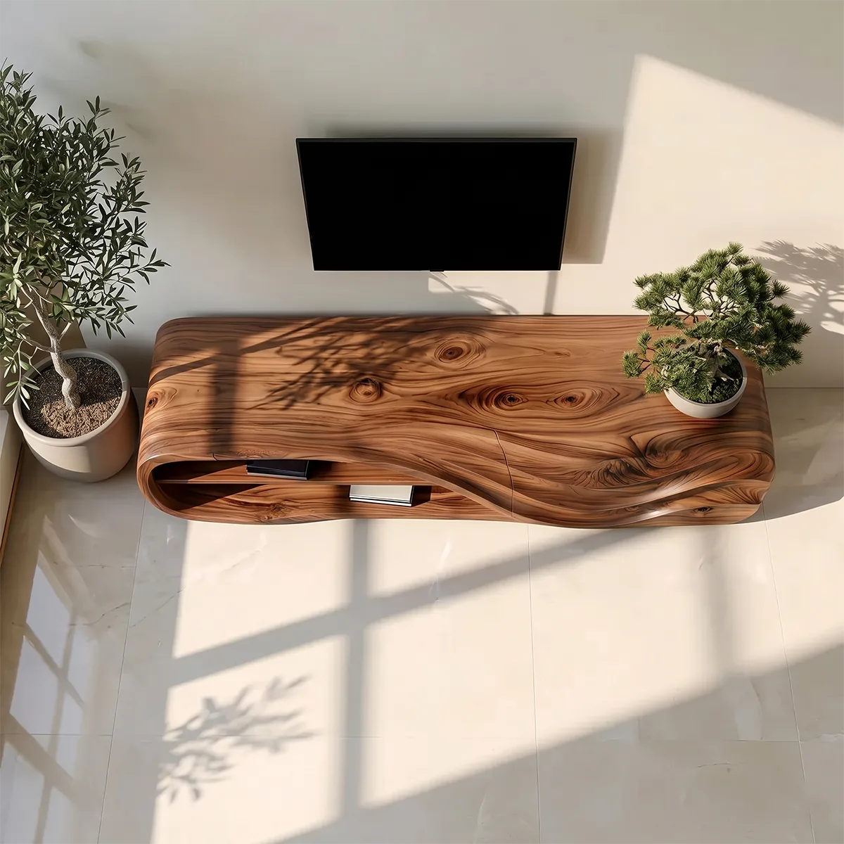 Modern Solid Wood Sculptural Wavy TV Stand with Open Shelving