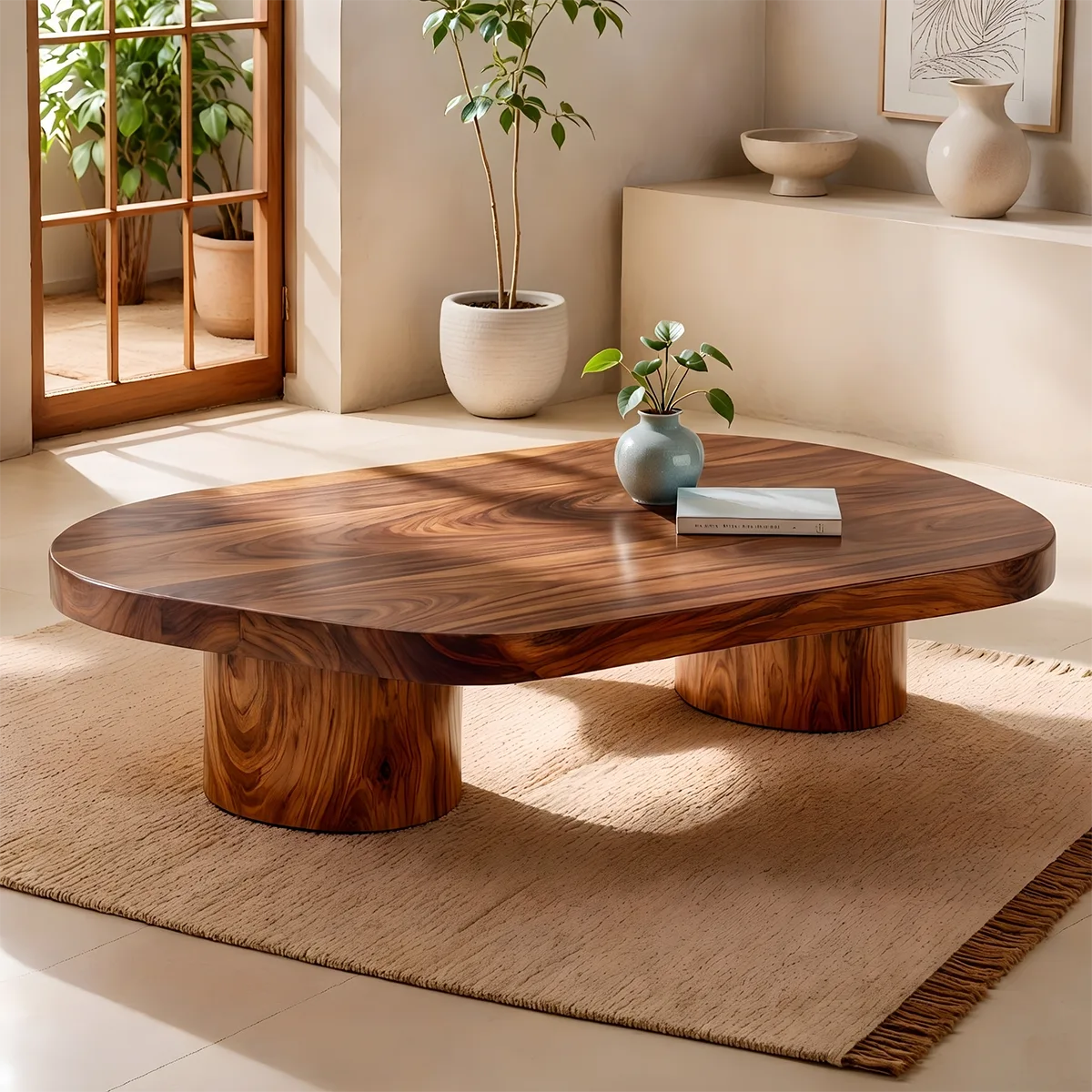 Organic Solid Wood Coffee Table | Modern Freeform Hardwood Coffee Table with Dual Pedestal Base TT006-7752