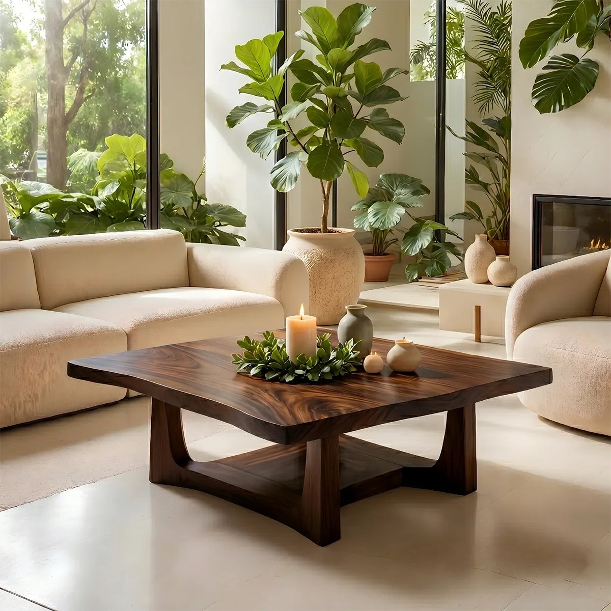 Solid Wood Square Live Edge Coffee Table with Sculptural Geometric Base
