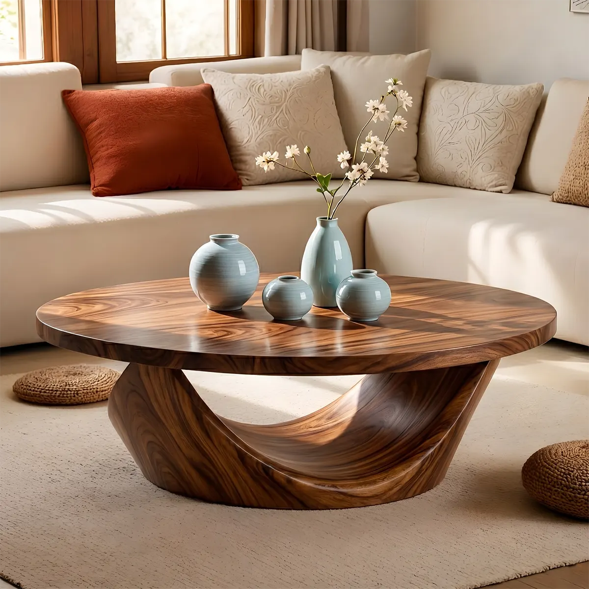 Round Coffee Table, Sculptural Wood Coffee Table, Organic Modern Living Room Center Table TT006-4209