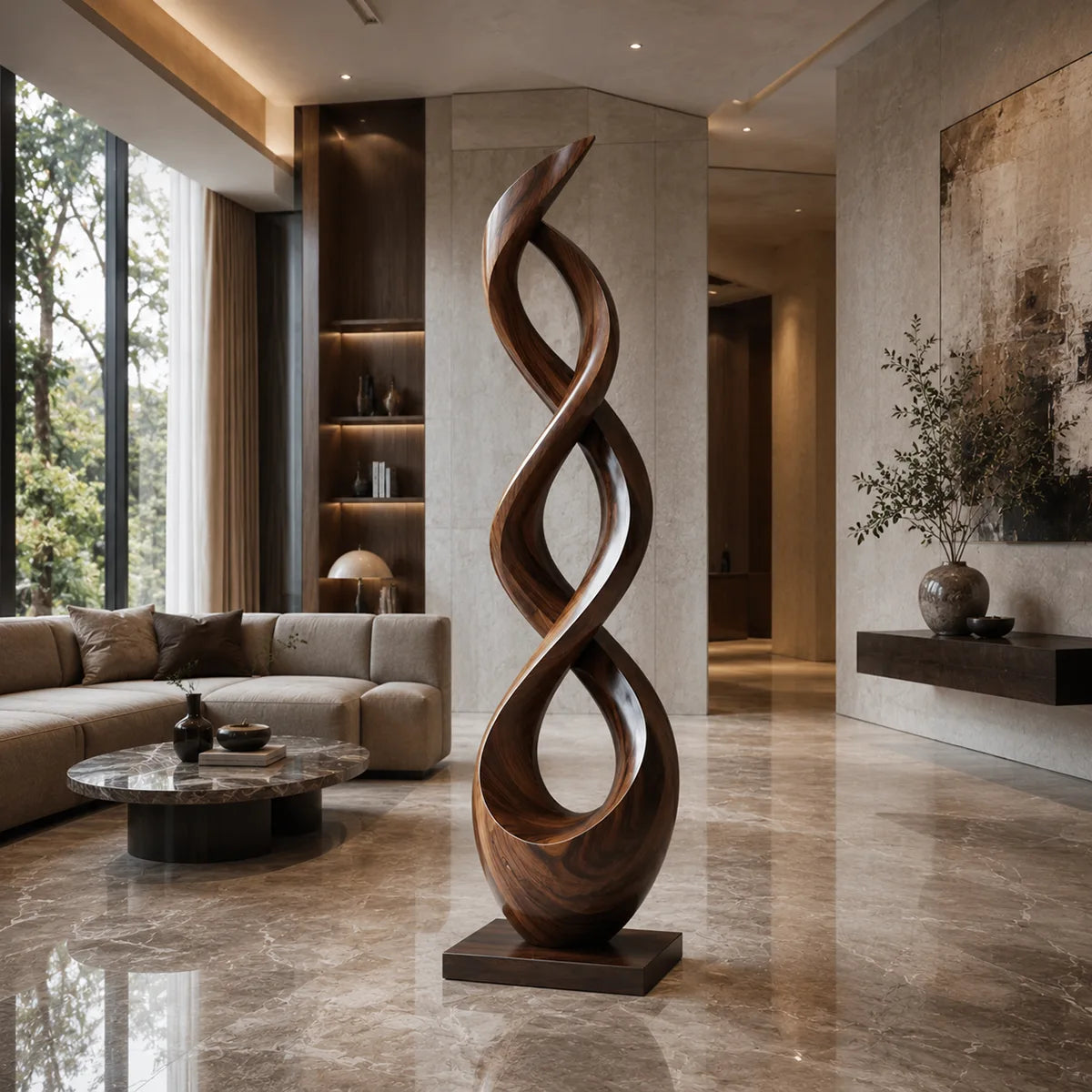 Handcrafted Solid Wood Double Helix Sculpture – Modern Organic Floor Art for Living Room TT006-9620