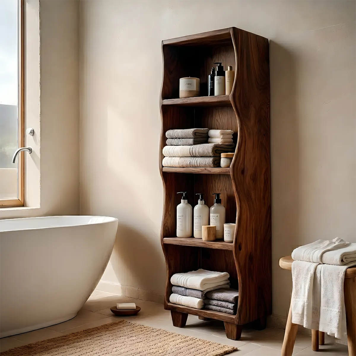 Handcrafted Solid Wood Open Shelf Storage Cabinet