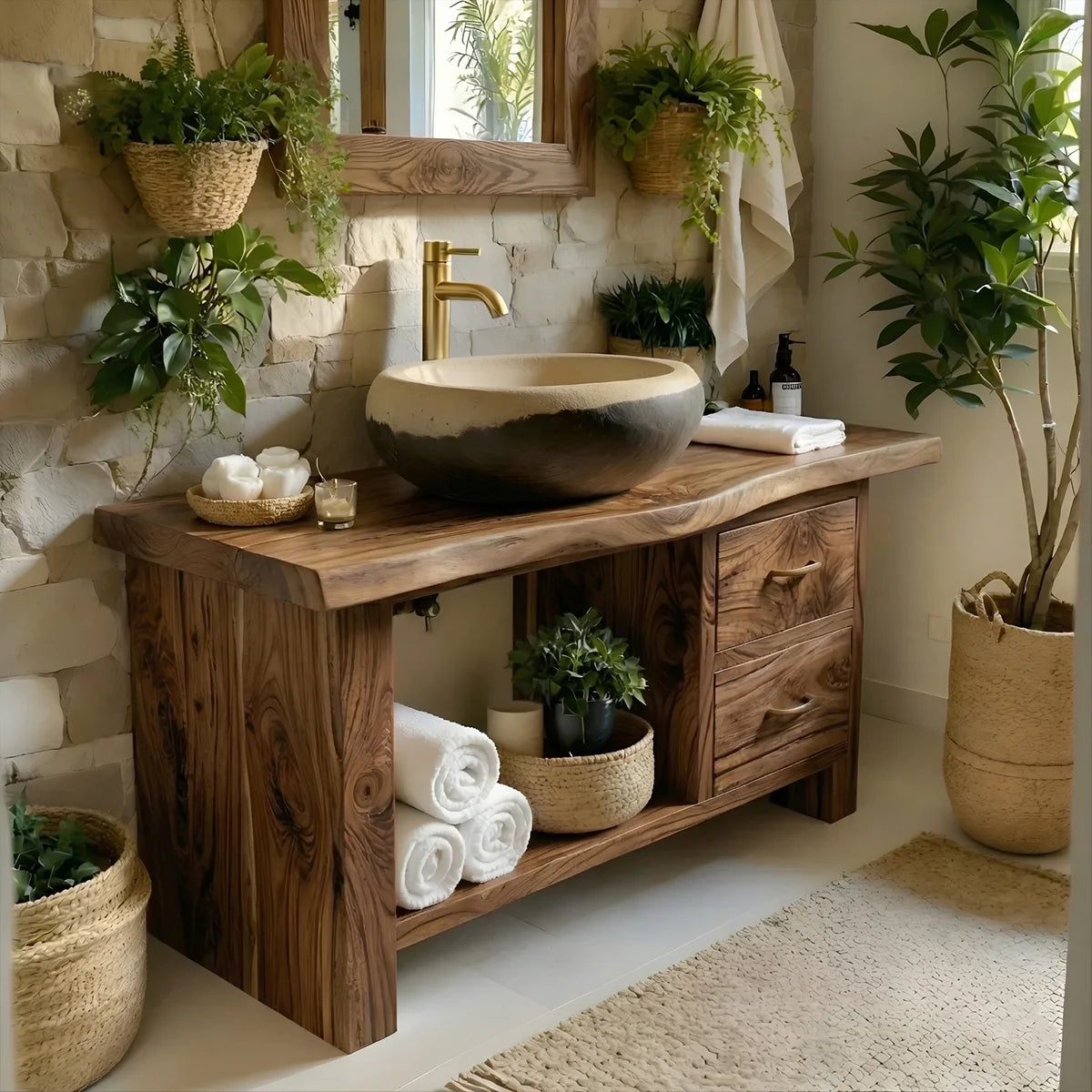 Solid Wood Bathroom Vanity with Open Shelf, 2 Drawers