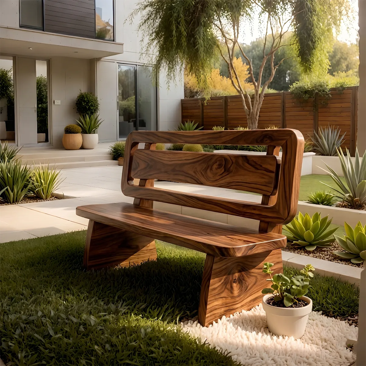 Handcrafted Solid Wood Outdoor Bench Modern Geometric Backrest Garden Bench