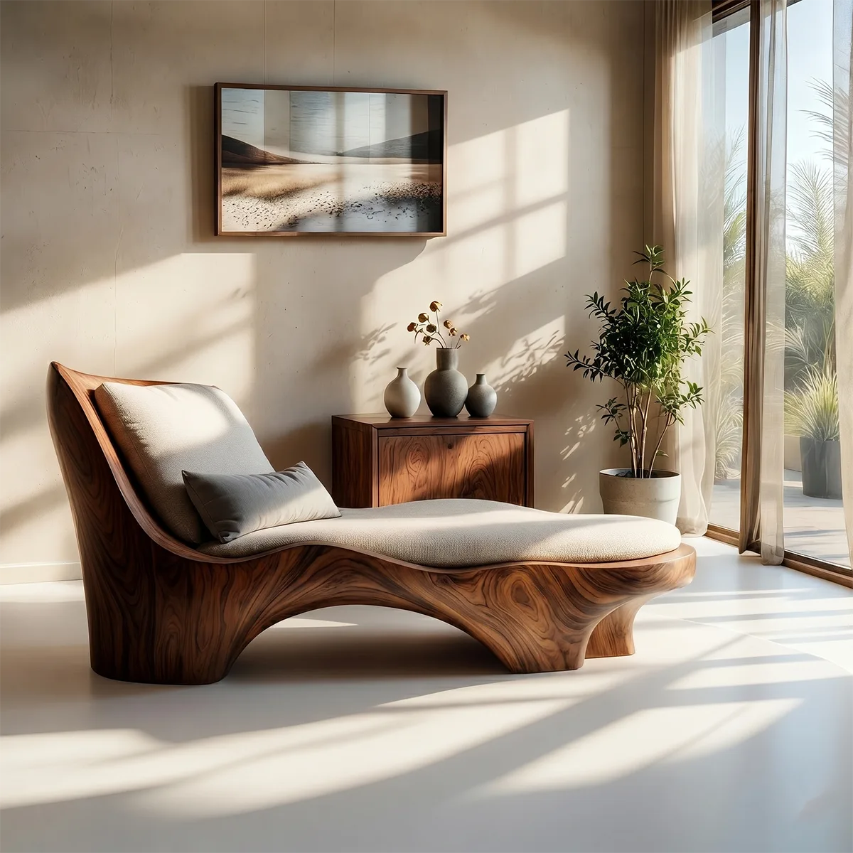 Luxury Organic Modern Solid Wood Chaise Lounge with Sculptural Form