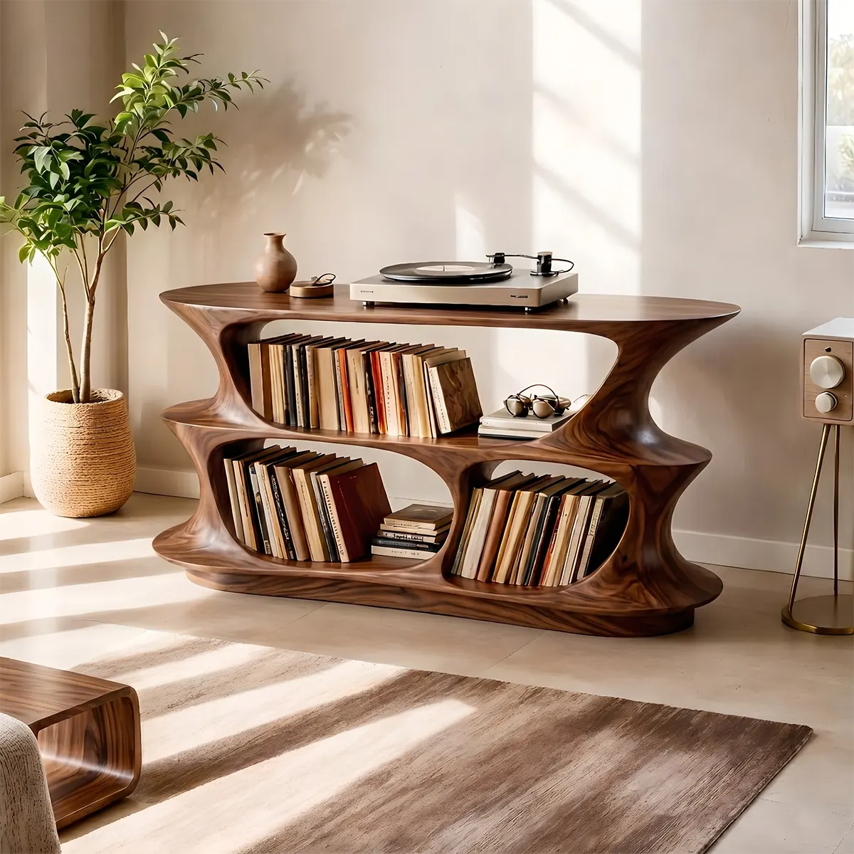 Solid Wood Record Player Stand, Modern Curved Turntable with Vinyl Storage Shelves