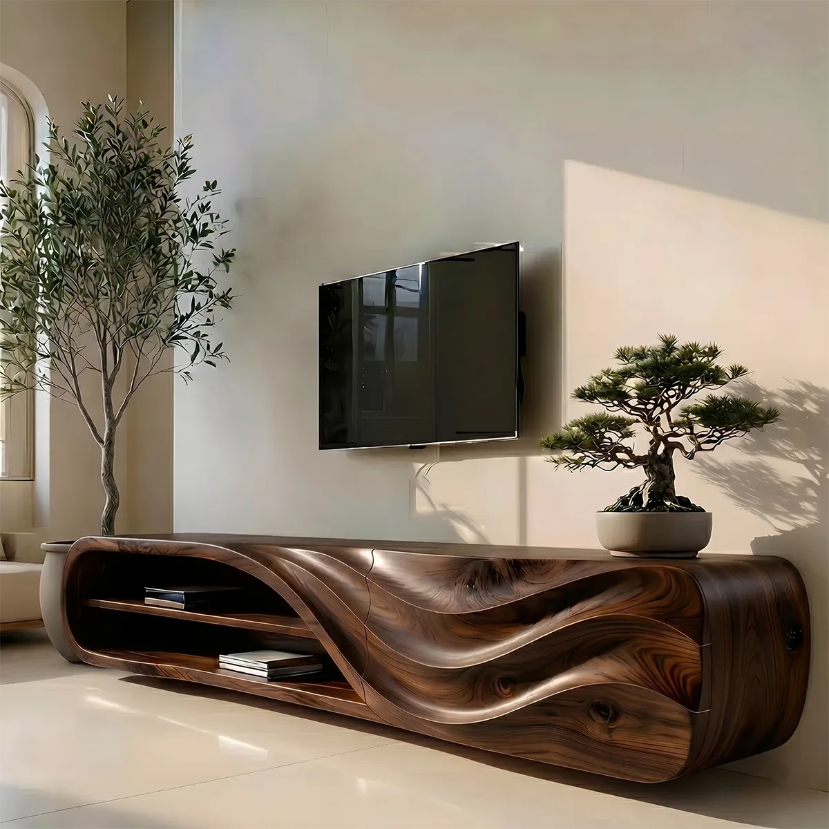 Modern Solid Wood Sculptural Wavy TV Stand with Open Shelving