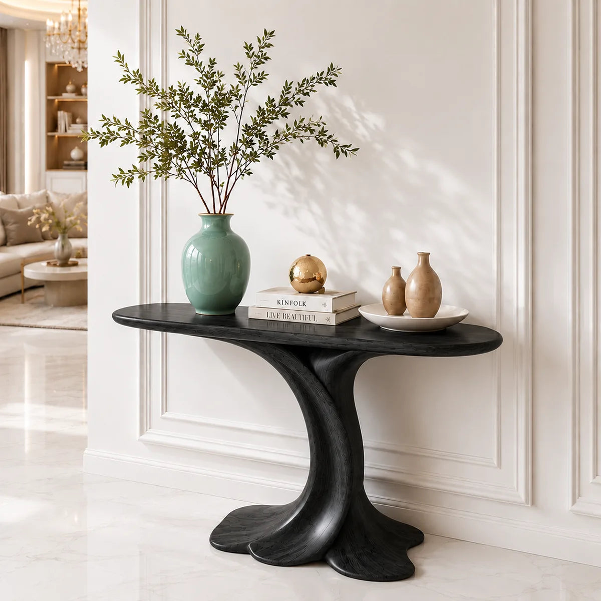 Sculptural Wooden Console Table for Entryway and Living Room Decor