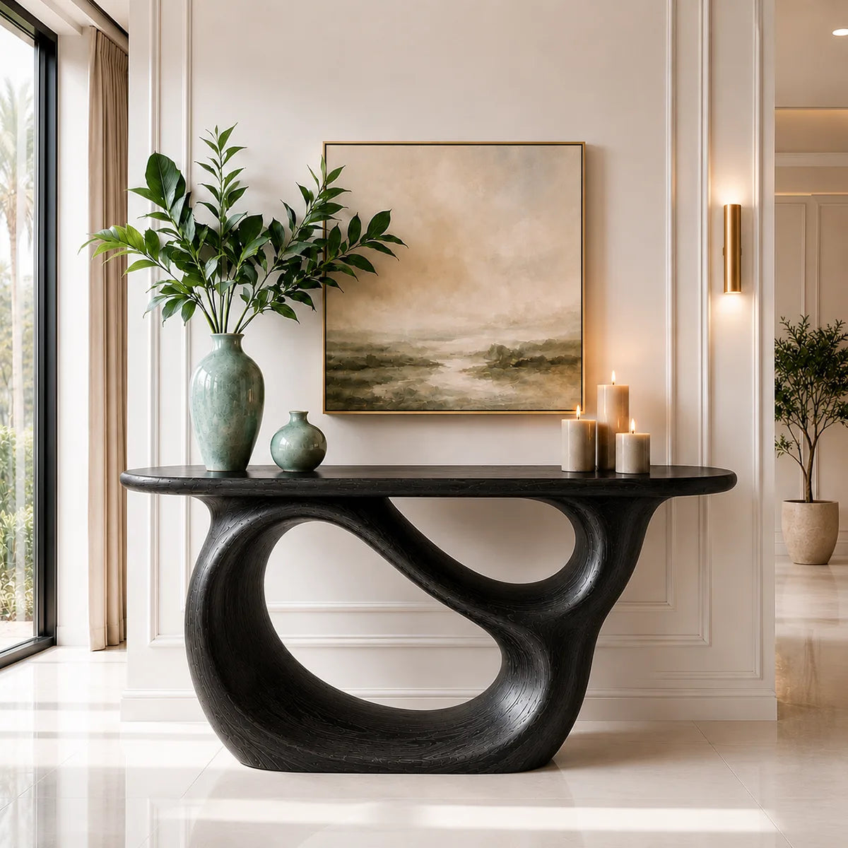 Sculptural Wood Console Table with Oval Cutout Base for Entryway