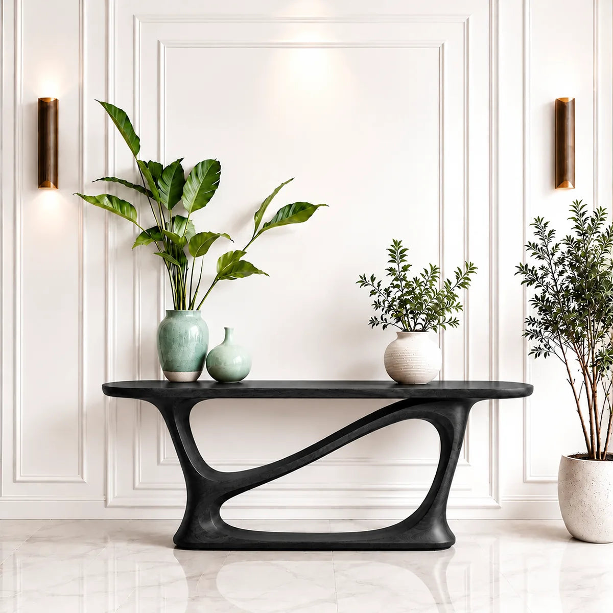 Handcrafted Solid Wood Console Table with Sculptural Base