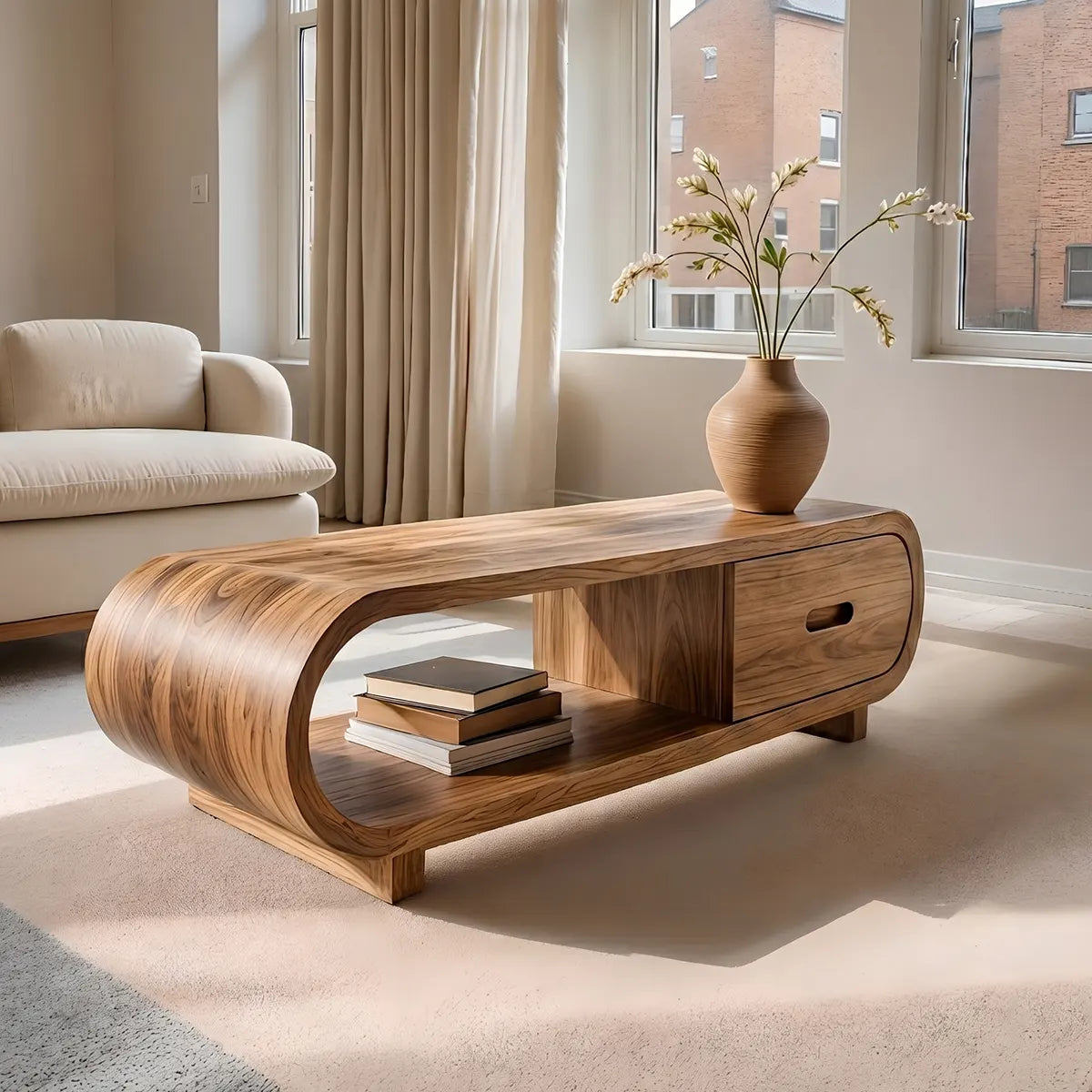 Handcrafted Solid Wood Coffee Table with Oval Silhouette and Storage Drawer