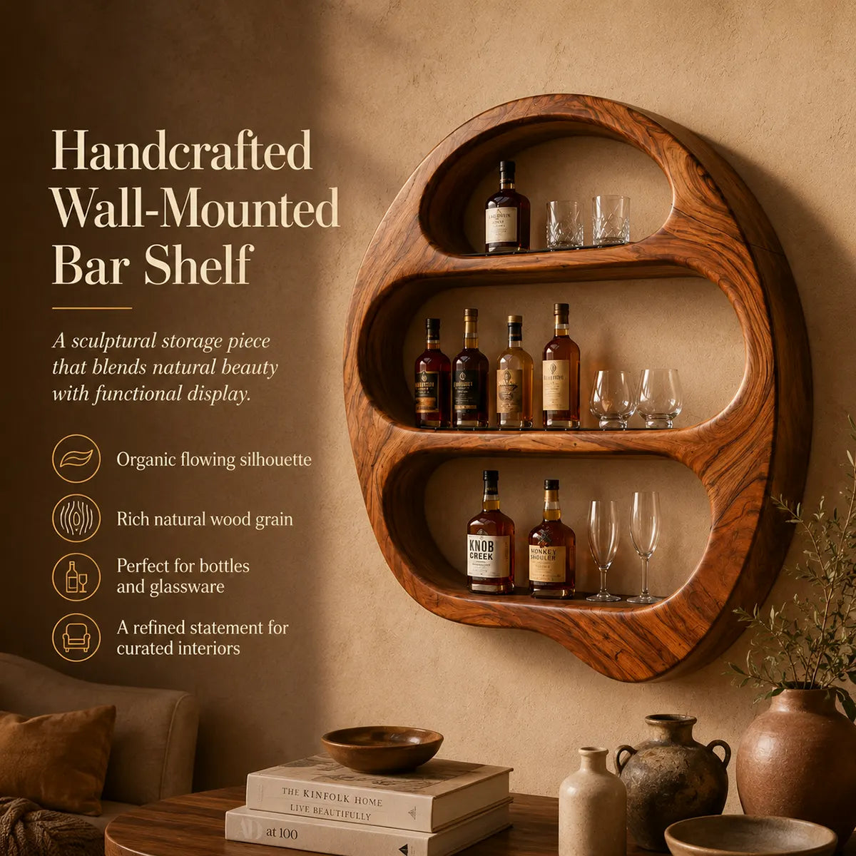 Sculptural Solid Wood Wall Wine Holder for Home Bars, Dining Rooms TT006-9525