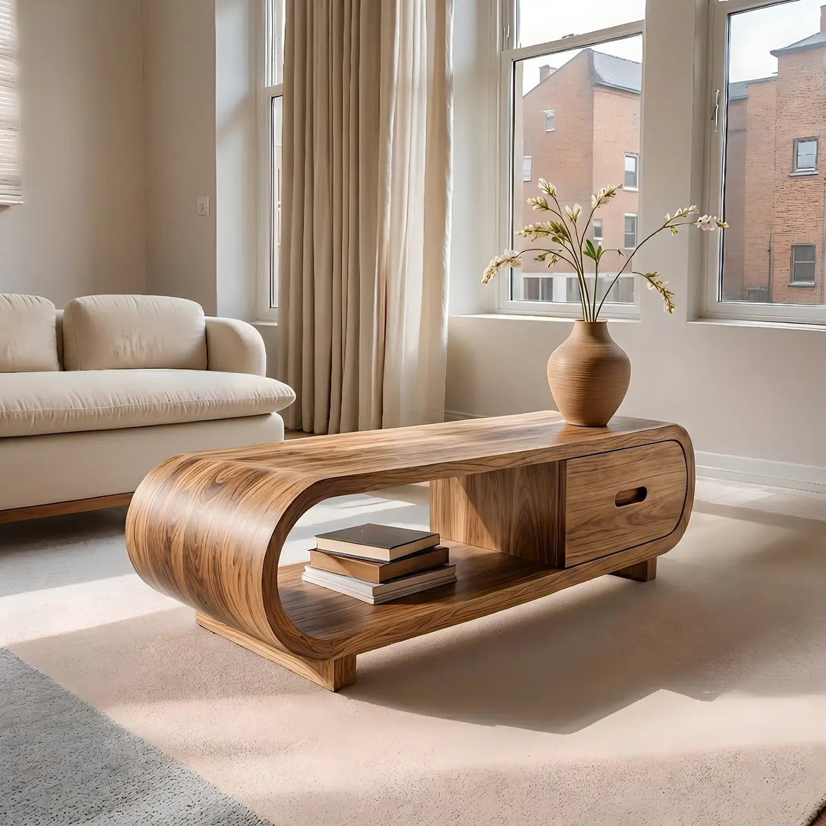 Handcrafted Solid Wood Coffee Table with Oval Silhouette and Storage Drawer