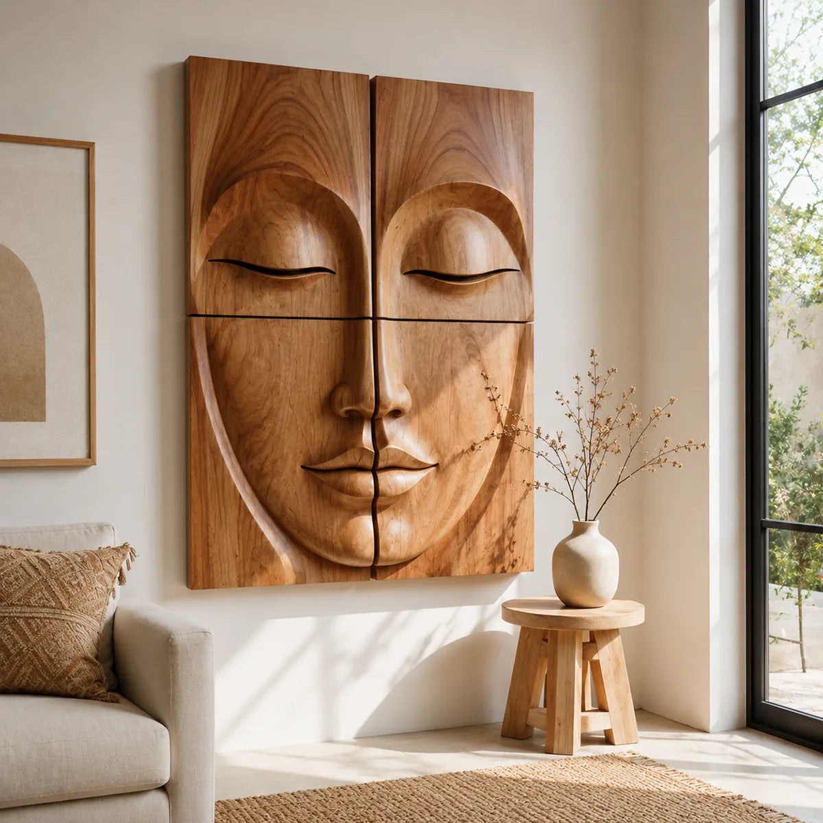 Zen Wooden Buddha Face Wall Art | Large 4 Panel Wood Wall Sculpture TT006-7173
