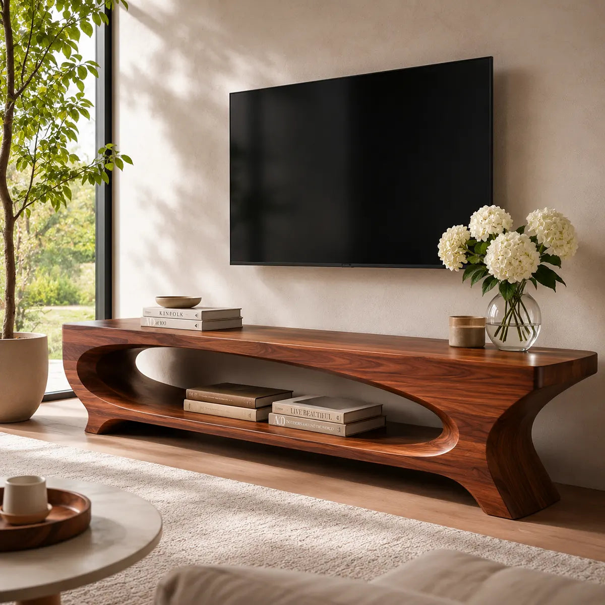 Sculptural Curved TV Stand with Large Open Shelf | Modern Low Profile Media Console TT006-7JCI6KI