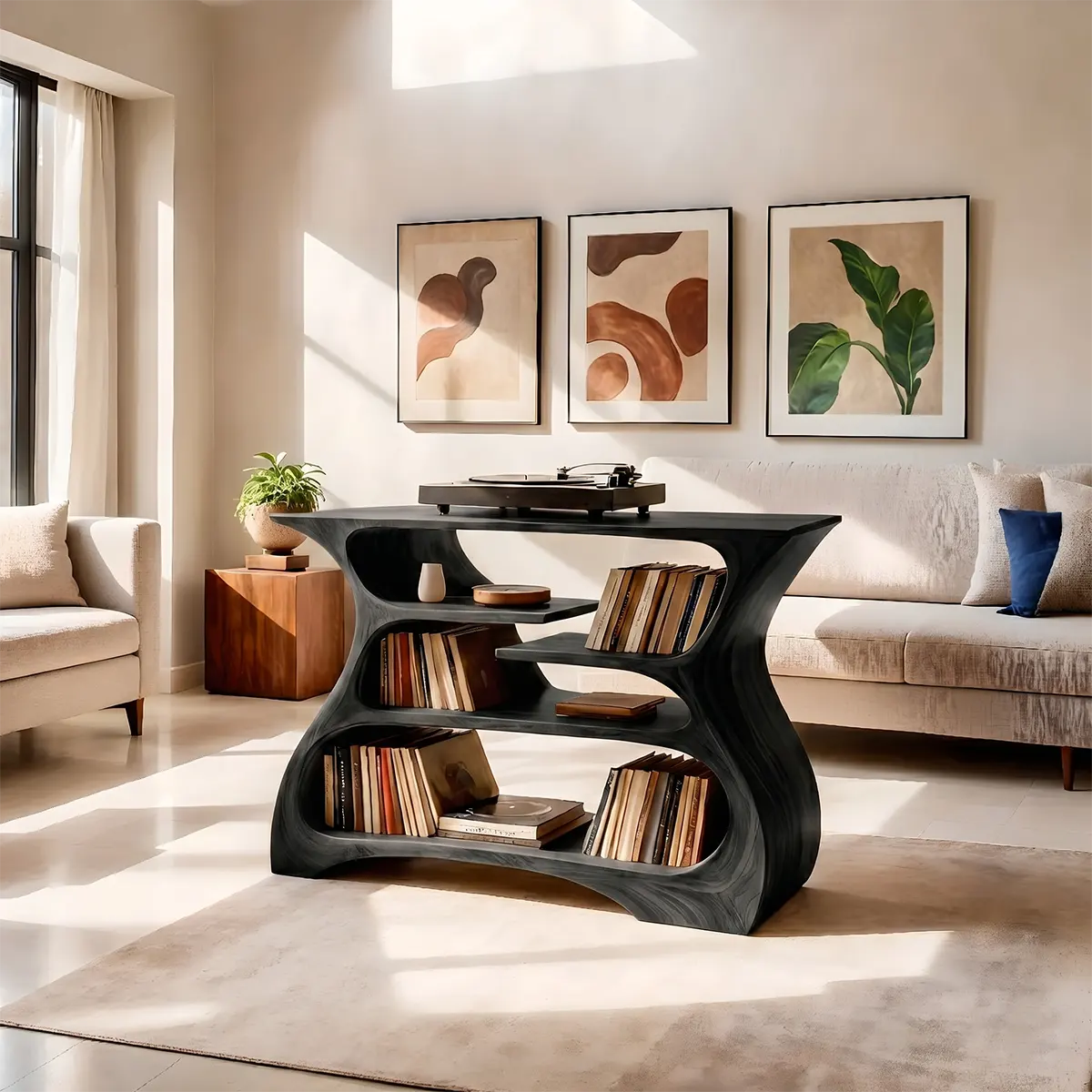 Solid Wood Record Player Stand, Modern Curved Turntable Cabinet with Vinyl Storage