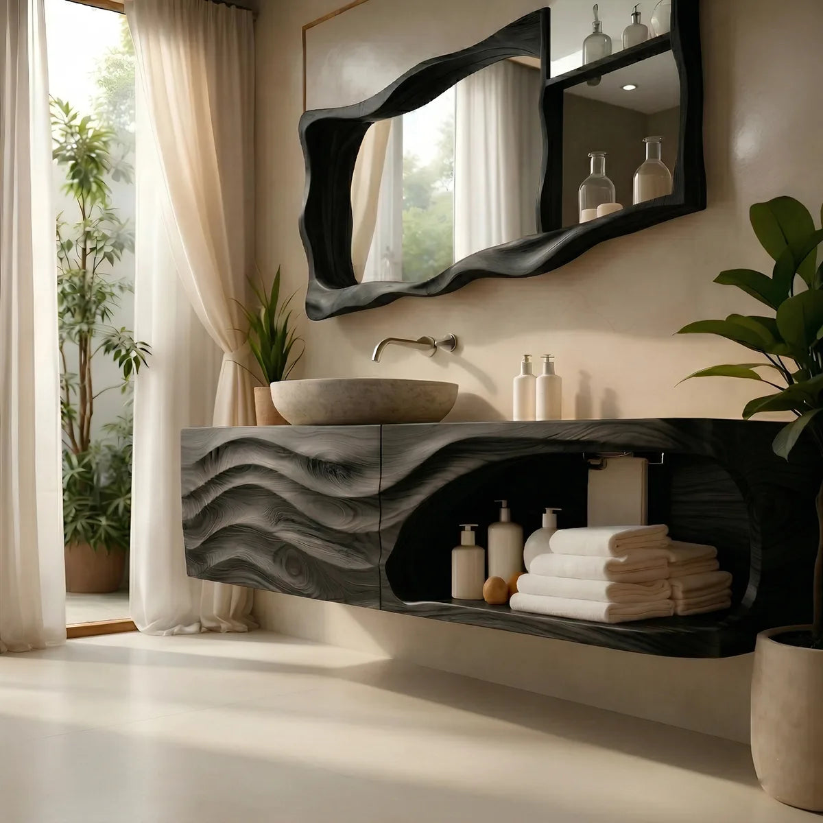 Floating Solid Wood Bathroom Vanity with Sculpted Wave Front and Open Shelf