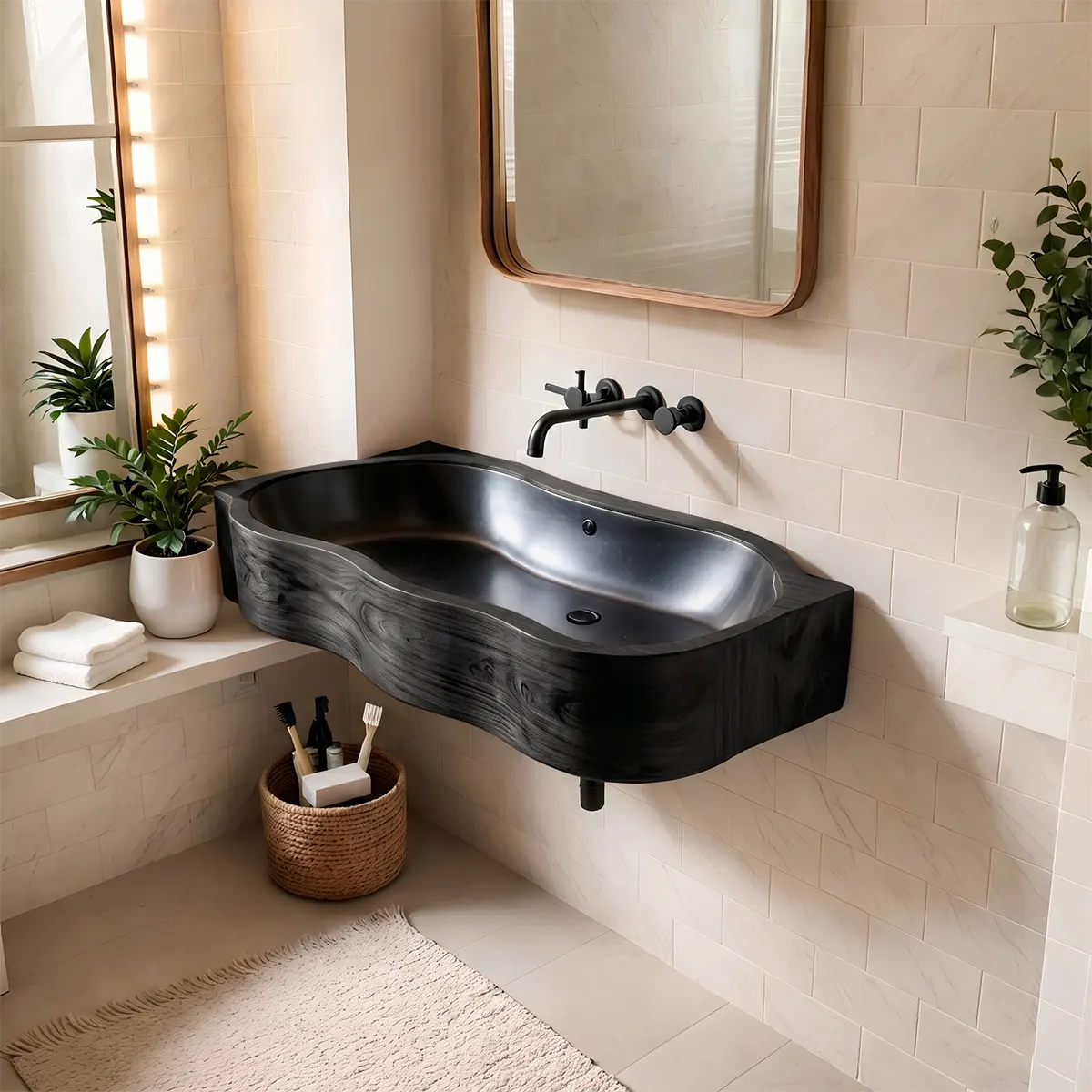 Asymmetrical Floating Bathroom Sink | Deep Integrated Basin with Curved Profile TT006-3CBC6LX