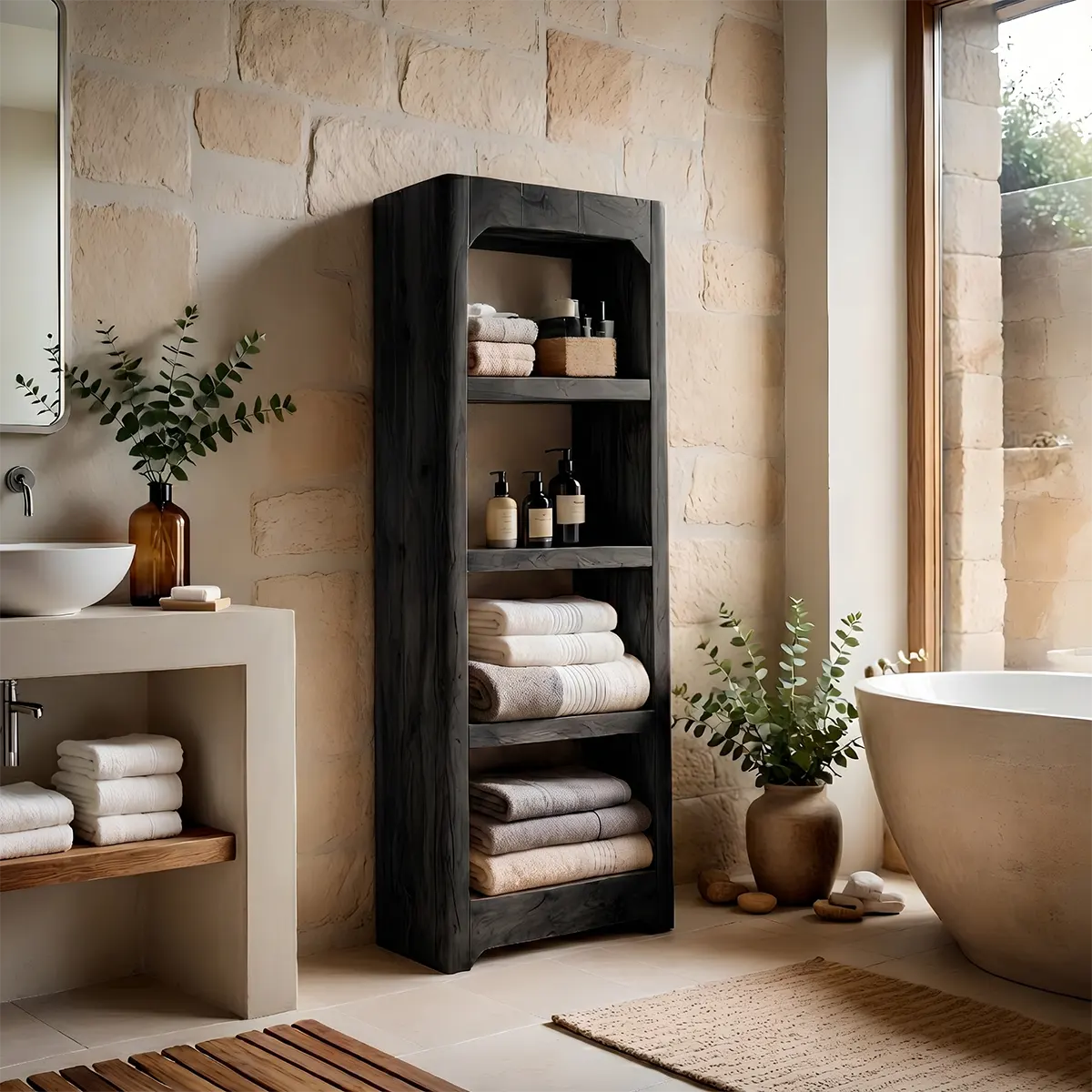Tall Solid Wood Open Shelf Bathroom Storage Cabinet