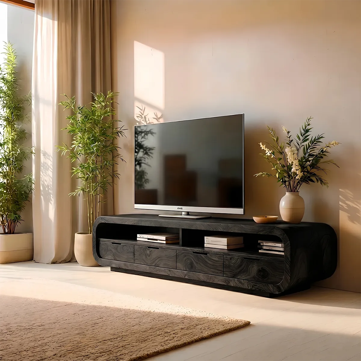 Modern Solid Wood Rounded TV Stand with Drawers