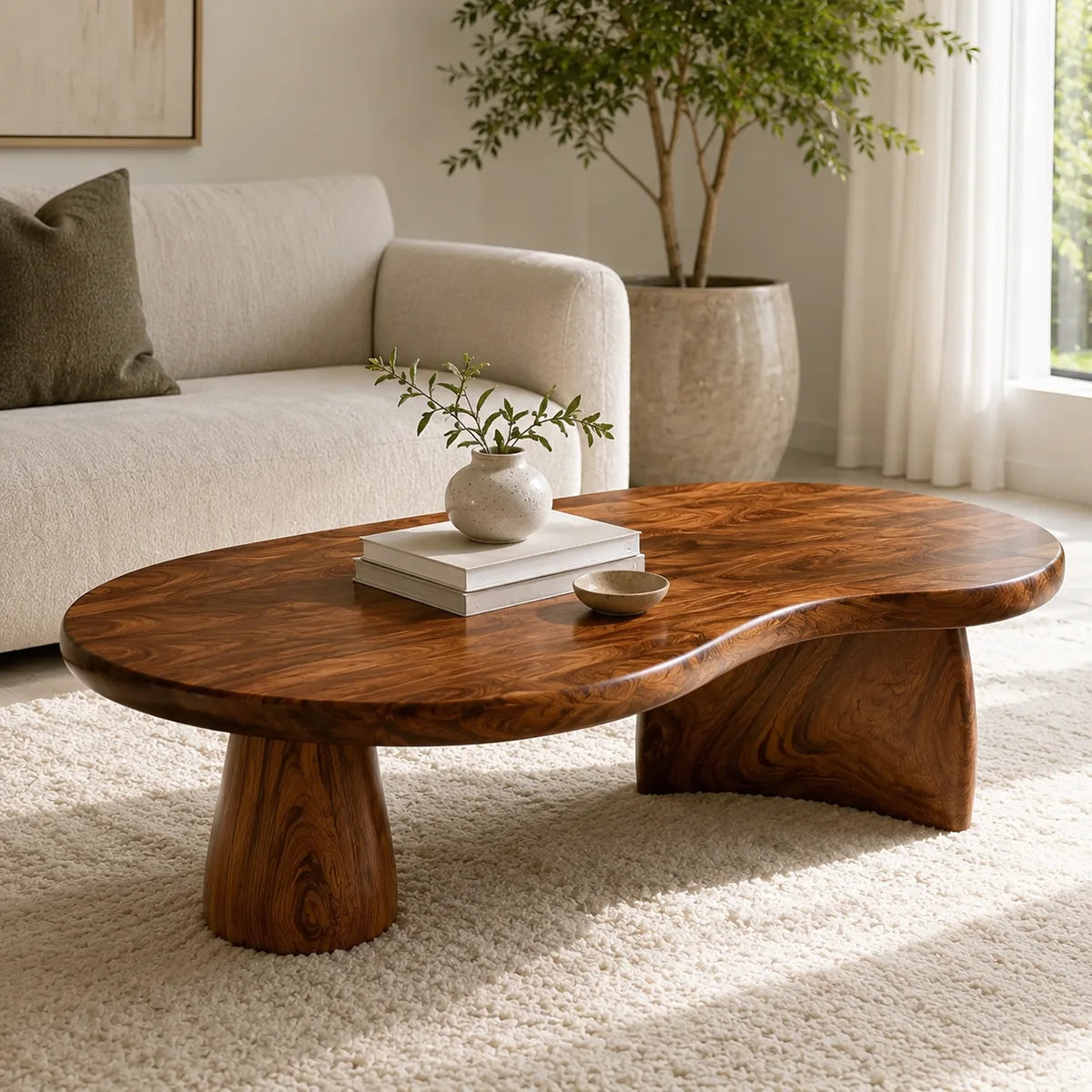 Organic Solid Wood Coffee Table | Freeform Hardwood Coffee Table with Sculptural Pedestal Base TT006-7466