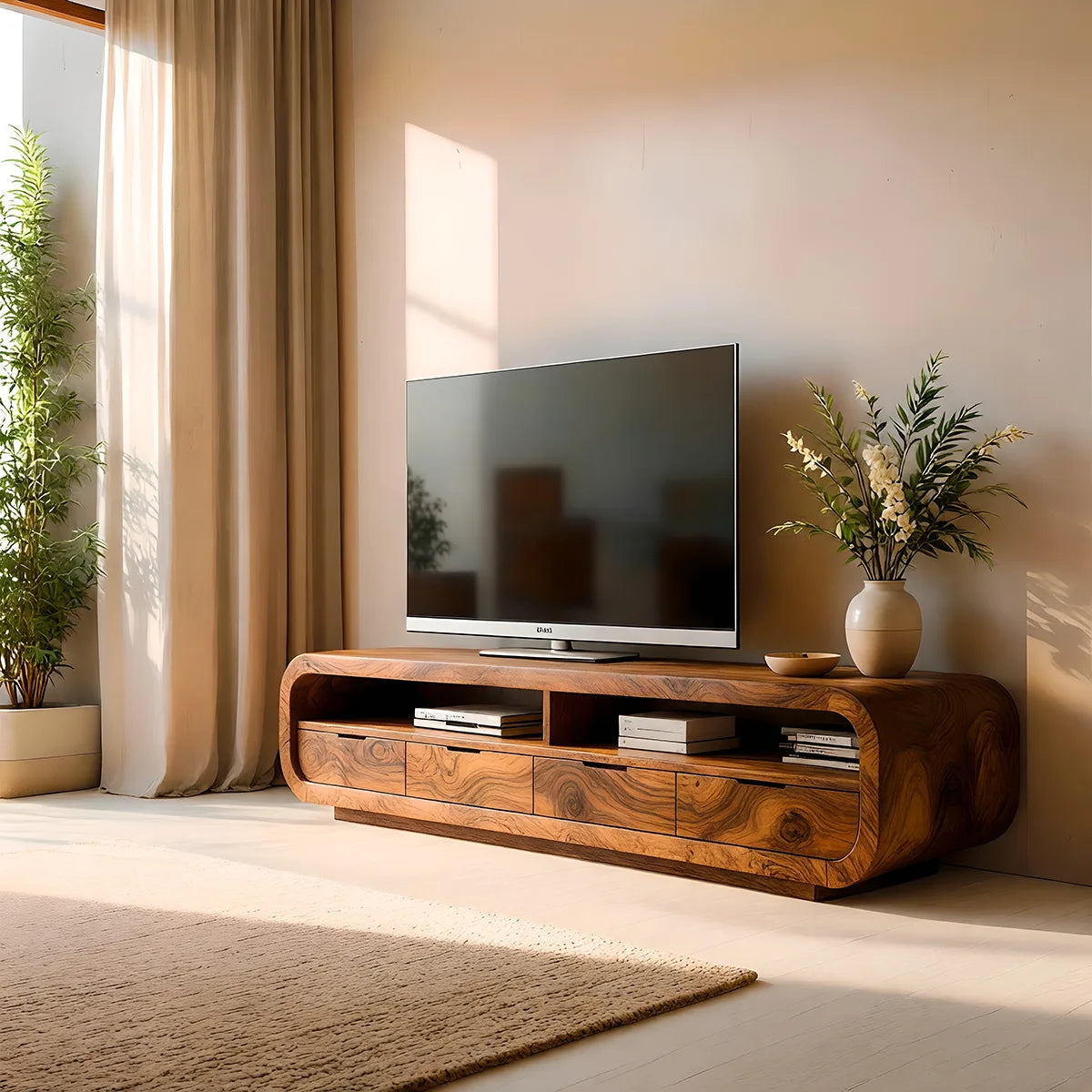 Modern Solid Wood Rounded TV Stand with Drawers